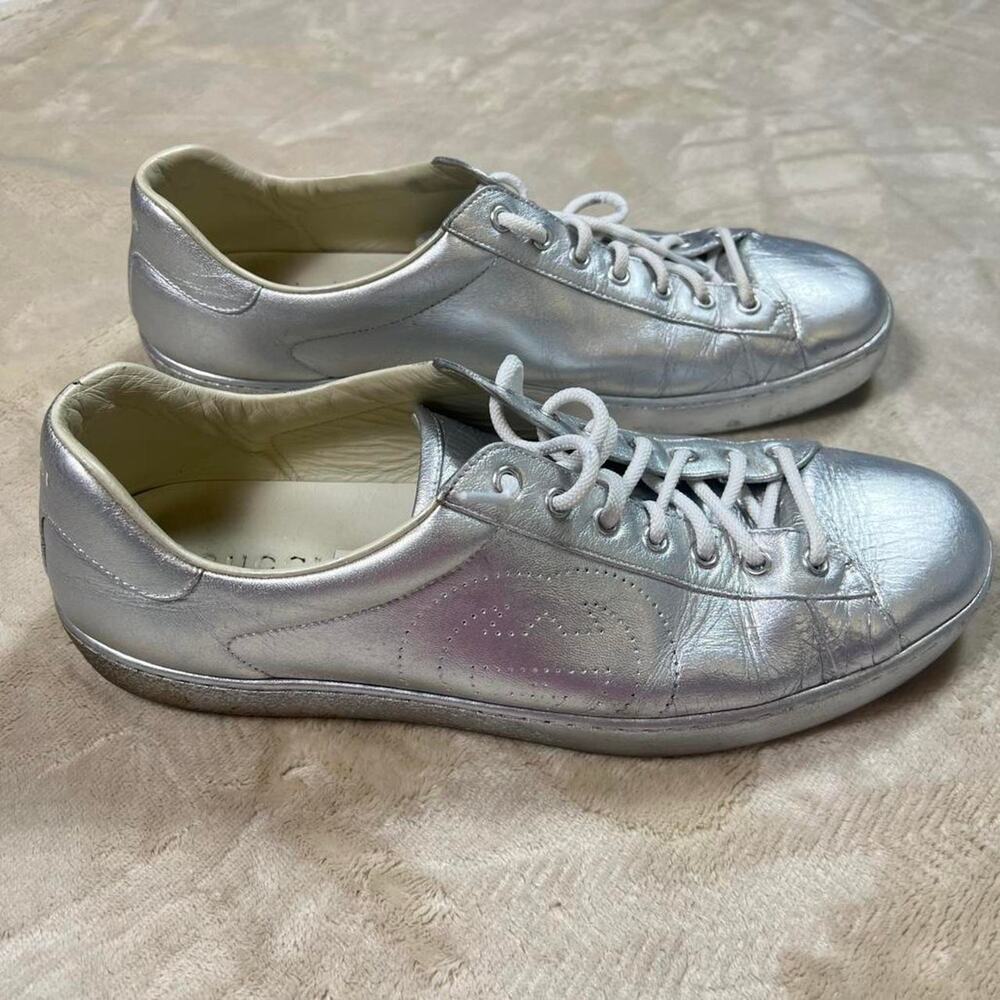 Gucci ace metallic silver leather